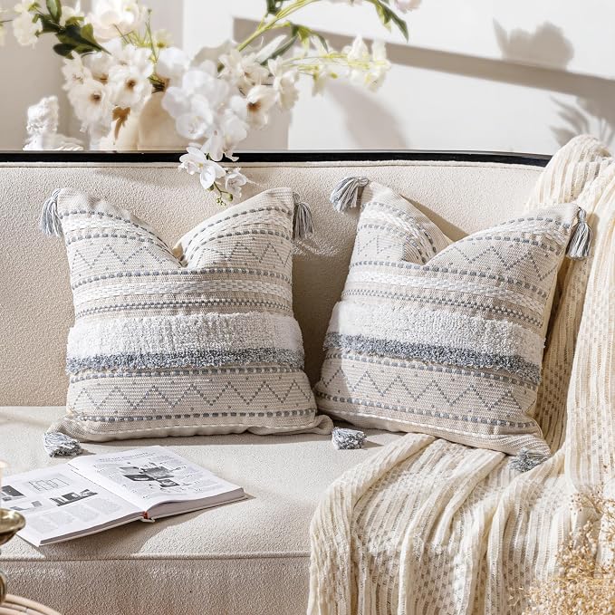 BlissBlush Gray Decorative Throw Pillow Covers 18X18 Combo Set of 2 Square Boho - Image 7