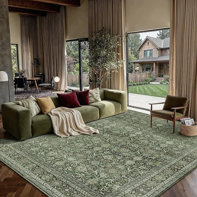 PureCozy Area Rug 6x9 Green Washable Living Room Carpet Soft Non Slip Vintage by PureCozy