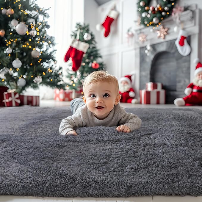 KICHOWUA 3x5 Grey Fluffy Shag Rug - Image 2