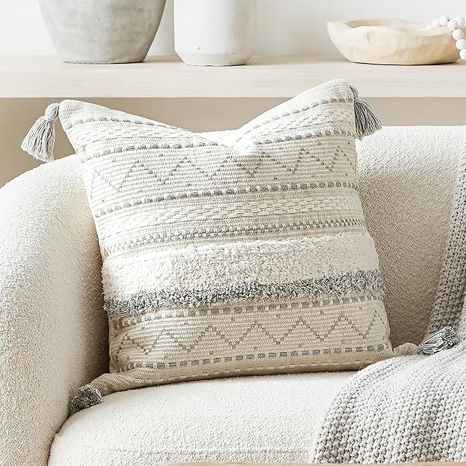BlissBlush 20X20 Throw Pillow Cover, Cream Neutral Square Decorative Cushion by BlissBlush