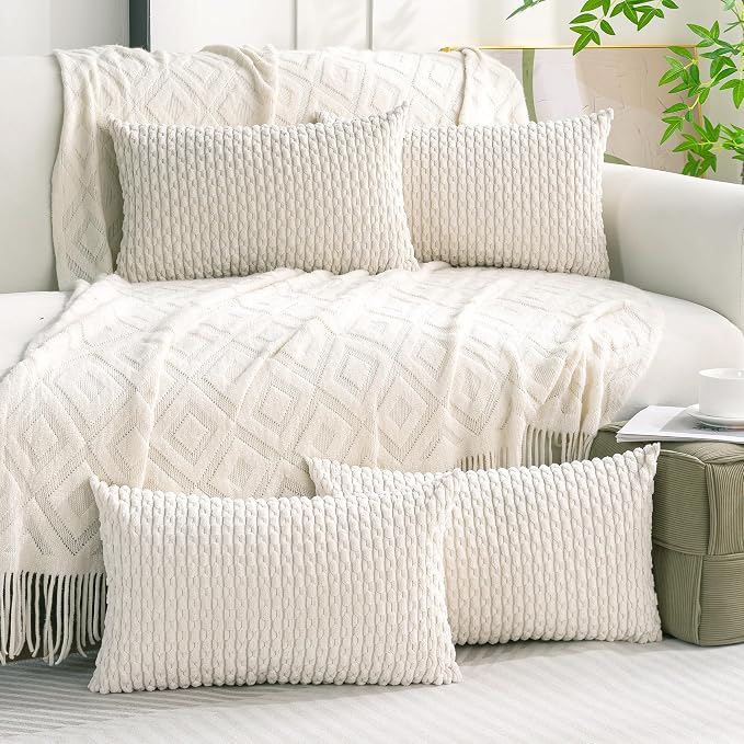 Set of 4 Cream White Decorative Throw Pillow Covers 12x20 Inch Corduroy Pillow - Image 2