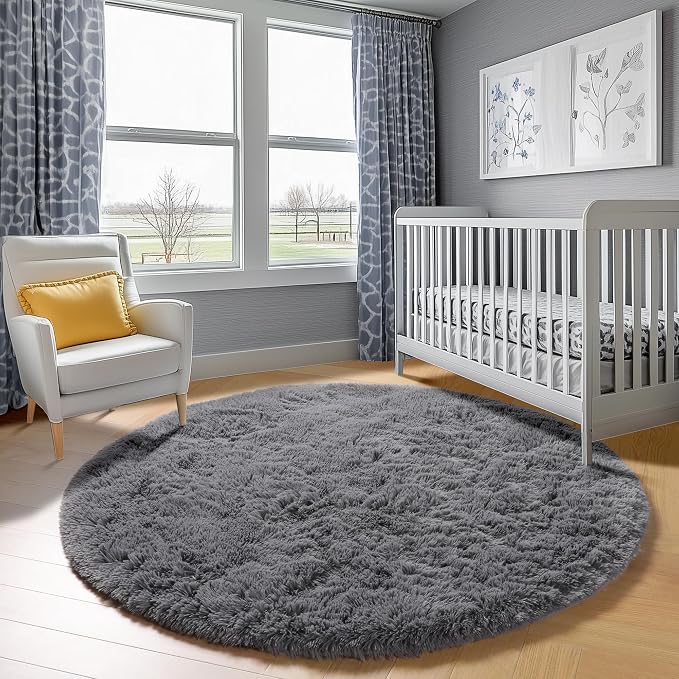 ONASAR Grey Round Area Rug 4ft, Fluffy Plush Shaggy Carpet Mats - Image 6