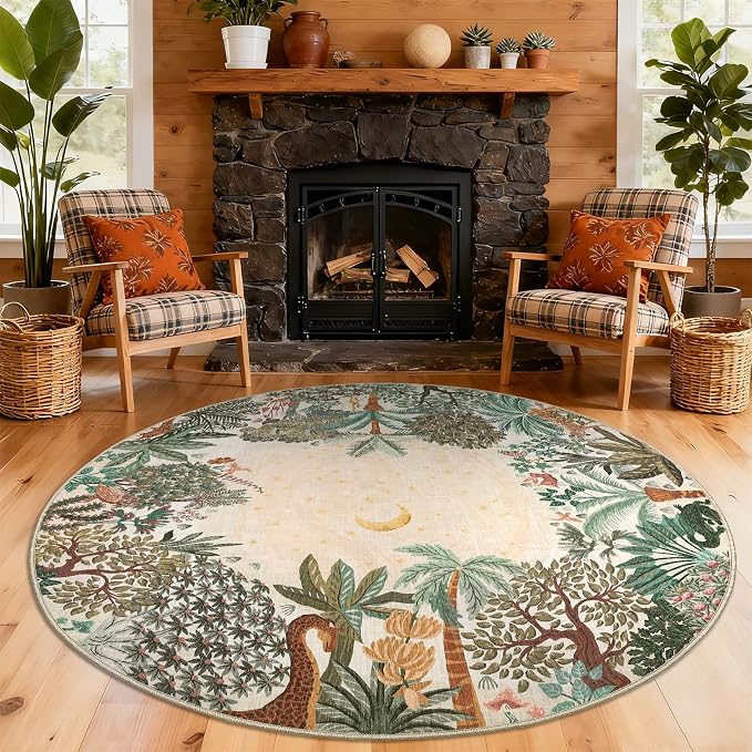 GarveeHome Round Area Rugs 8ft for Living Room, Large Beige Jungle Washable by GarveeHome