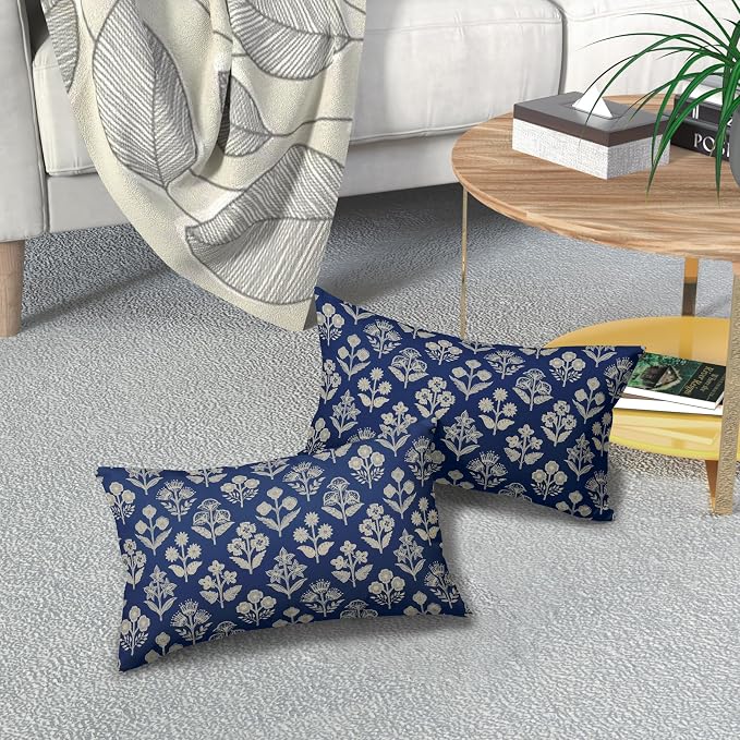Dark Blue Pillow Covers 12x20 Inch Set of 2, Cream Floral Block Print Pattern - Image 7