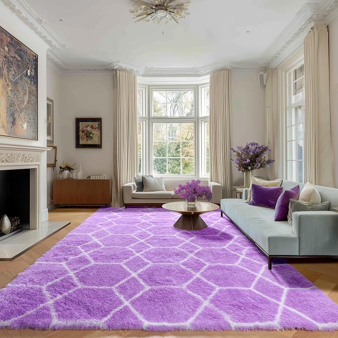 ONASAR 5x7 Area Rugs for Living Room Bedroom, Fluffy Purple and White Throw Rug - Image 3
