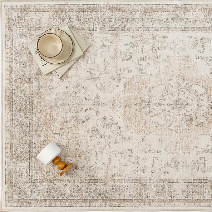 PureCozy 8x10 Washable Area Rug Beige Vintage Distressed Large Rug - Image 8