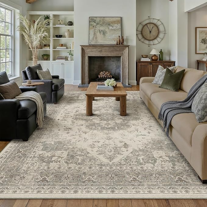 PureCozy 6x9 Washable Area Rug Beige Grey Vintage Distressed Large Rug - Image 4