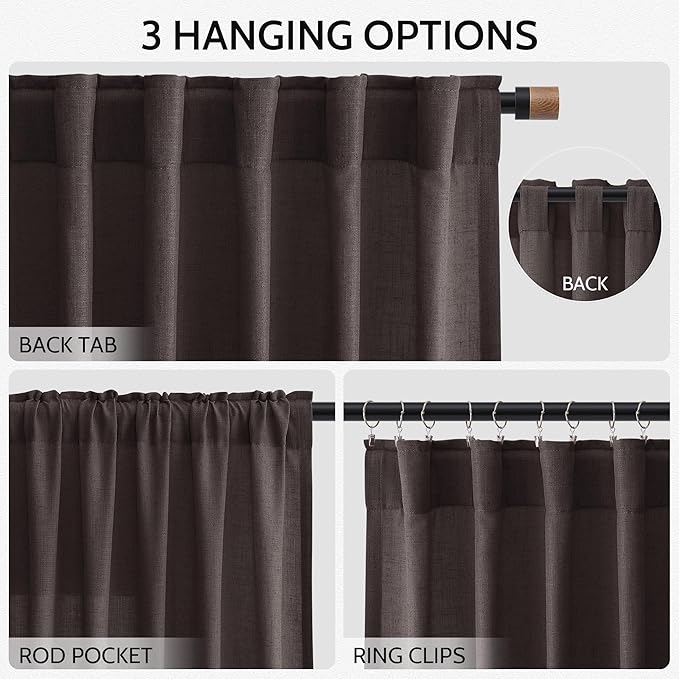Nanspring Cocoa Coffee Linen Blend Light Filtering Back Tab Curtains 96 Inches - Image 3