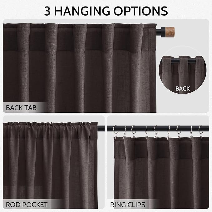 Nanspring Cocoa Coffee Curtains 102 Inches Long, Back Tab Linen Blend Light - Image 3