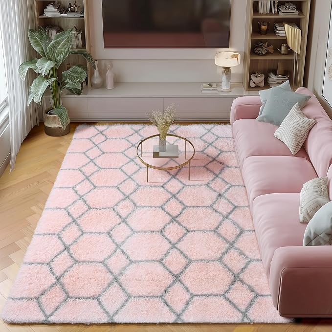 ONASAR Area Rugs for Bedroom Living Room, 4x6 Fluffy Pink and Grey Throw Rug by ONASAR