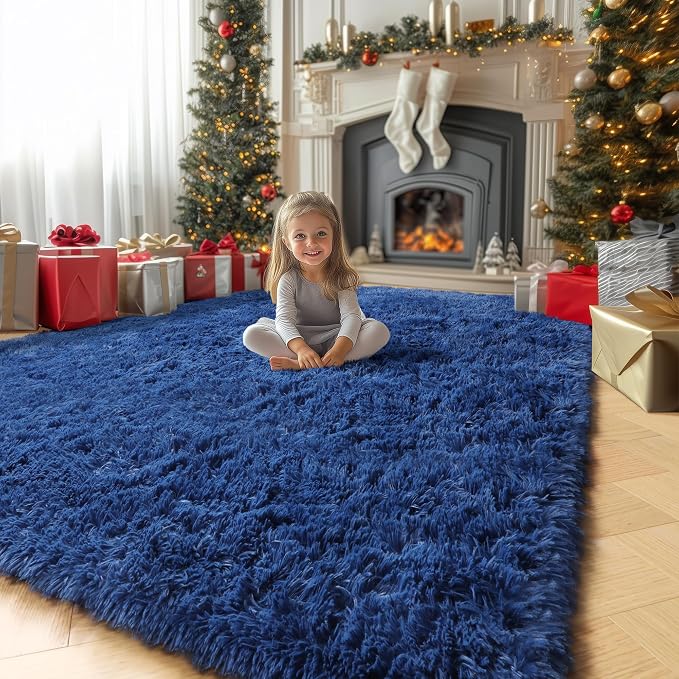 Amdrebio Navy Blue Area Rugs for Boys Bedroom, Fluffy Shag Furry Bedside Rug by Amdrebio