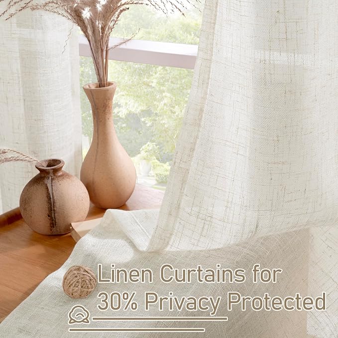 LAMIT Natural Linen Semi Sheer Curtains 45 Inch Length, Light Filtering Short - Image 5