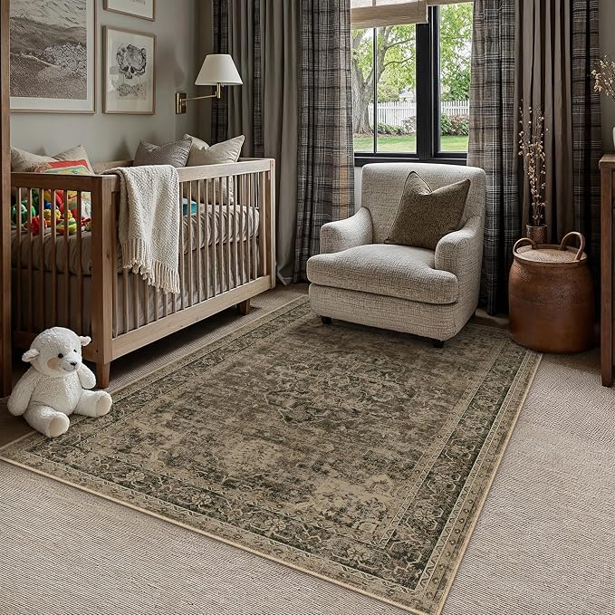 PureCozy Entryway Area Rug 3x5 Washable Brown Vintage Distressed Carpet by PureCozy