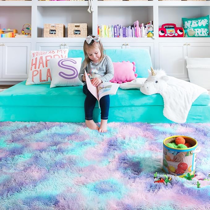 PAGISOFE Cute Furry Pastel Rug for Girls Bedroom, Soft Adorable Rainbow Purple - Image 9