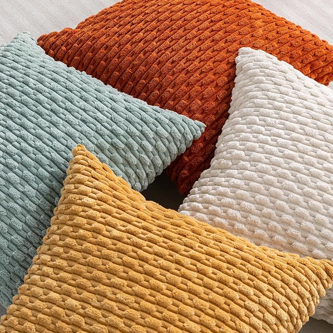 Set of 4 Yellow Rust Aqua Decorative Throw Pillow Covers 20x20 Inch Corduroy - Image 3