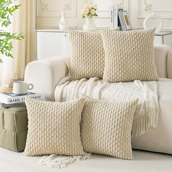Set of 4 Beige Decorative Throw Pillow Covers 22x22 Inch Corduroy Pillow Covers by Cozoomy