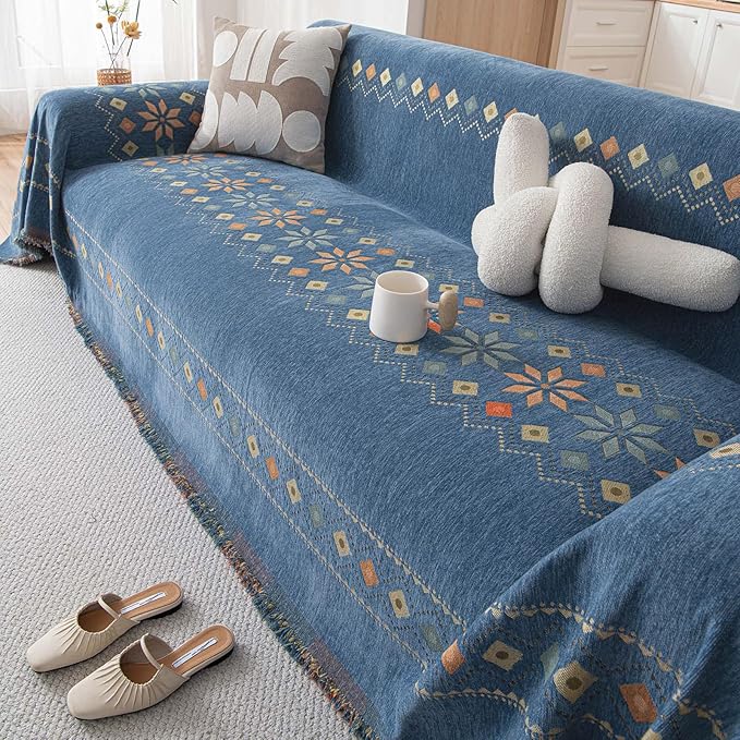 VClife Boho Couch Cover Blue Geometric Jacquard Pattern Sofa Cover, 1 Piece by VCLIFE