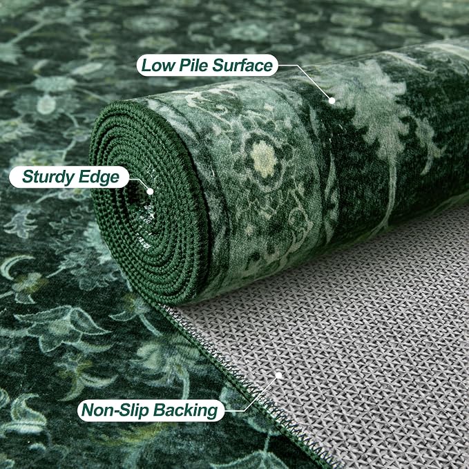 Tangsoo 5x7 Green Area Rug for Bedroom Living Room, Washable Vintage Floral Rug - Image 2