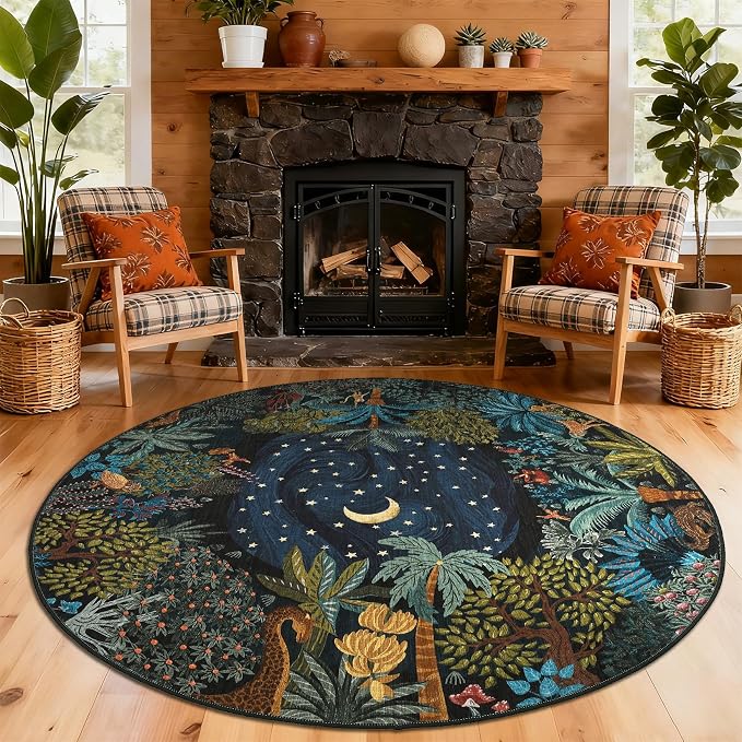 GarveeHome Round Area Rugs 8ft for Living Room, Large Green Jungle Washable by GarveeHome