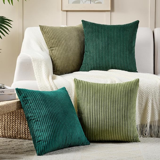 Volcanics Set of 4 Dark Green Corduroy Decorative Couch Throw Pillow Covers - Image 3