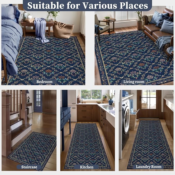Tangsoo 2x3 Small Washable Entry Rug, Non Slip Blue Floral Throw Area Rugs - Image 8