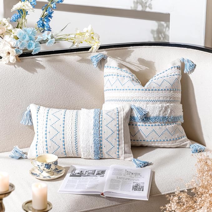 BlissBlush 20X20 Throw Pillow Cover, Coastal Blue Square Decorative Cushion - Image 2