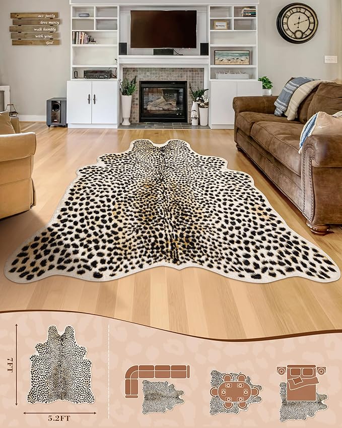 Leopard Print Rug Cheetah Carpet: 4.4x5.8ft Faux Cowhide Skin Mat Animal - Image 2