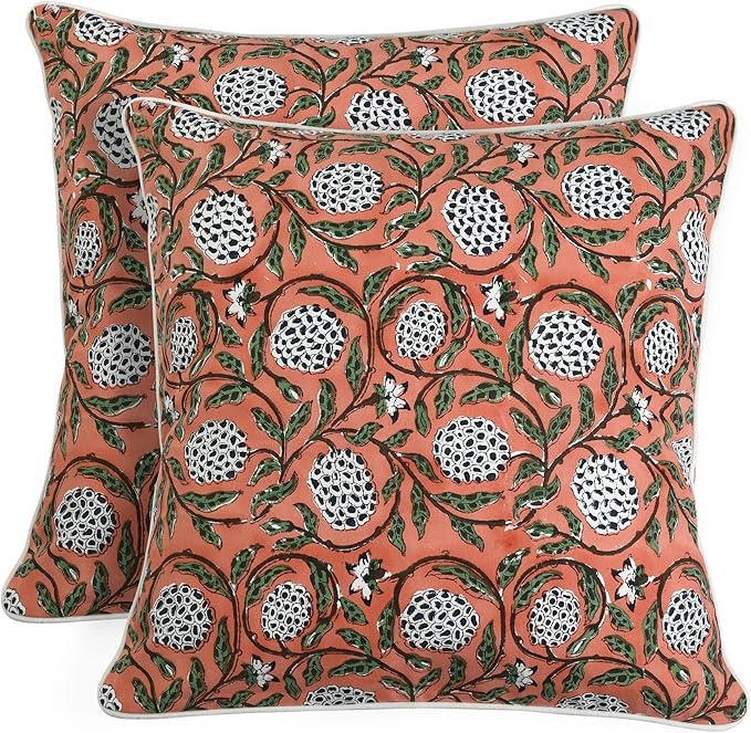 Ridhi Block Print Dark Salmon Pink Pillow Cover 16" x 16" Decorative Couch by Ridhi