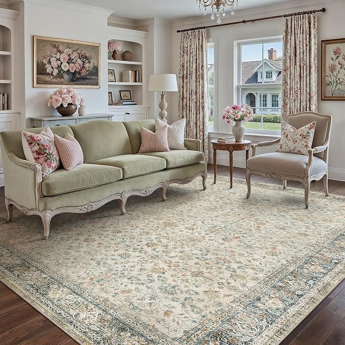 PureCozy Beige Area Rug 5x7 Living Room Machine Washable Vintage Carpet Non by PureCozy