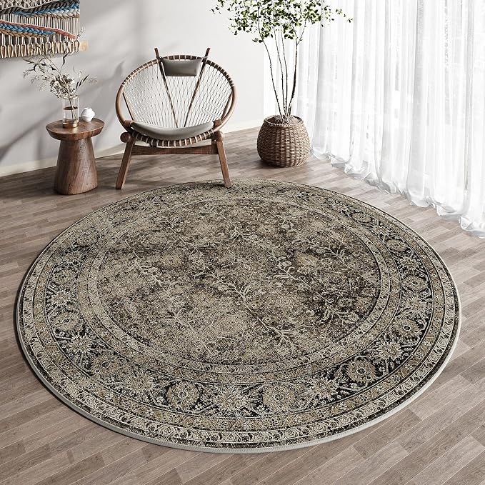 PureCozy Brown Round Area Rug 4ft Entryway 4x4 Circle Vintage Indoor Kitchen - Image 8