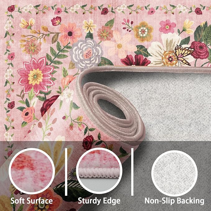 Pink Floral Girls Room Rug 4x6, Non-Slip Washable Rugs - Image 3