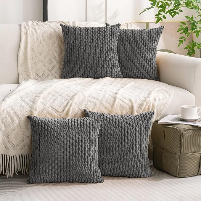 Set of 4 Dark Grey Decorative Throw Pillow Covers 20x20 Inch Corduroy Pillow - Image 2