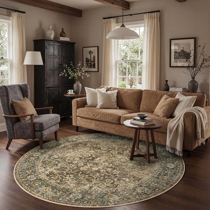 Bavni Round Rug 5ft-Machine Washable Area Rugs Non-Slip - Image 3