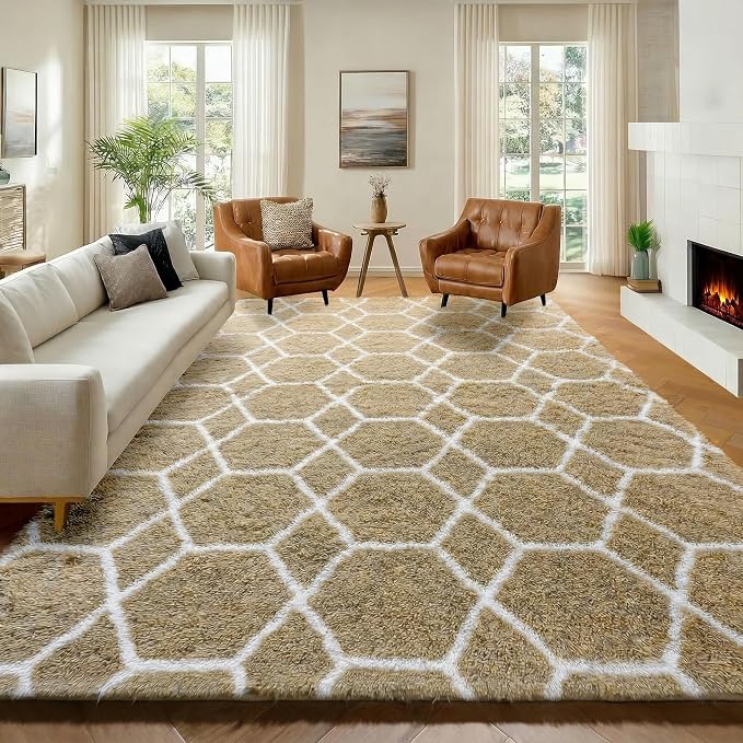 ONASAR Living Room Area Rug 6x9, Large Beige and White Geometric Floor Rugs by ONASAR