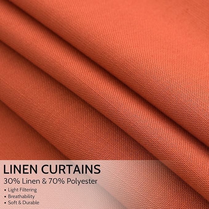 Nanspring Bright Orange Linen Blend Light Filtering Back Tab Curtains 84 Inches - Image 2