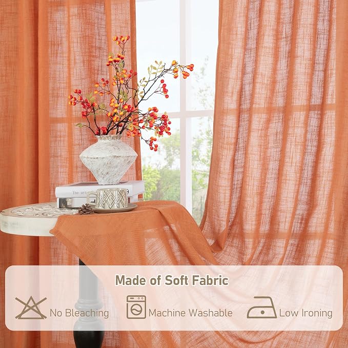 LAMIT Burnt Orange Linen Boho Curtains 80 inch Length 2 Panels, Light Filtering - Image 8