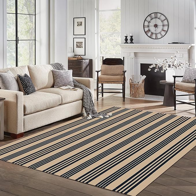 IOHOUZE Black and Tan Striped Rug 5'x7' Indoor Outdoor Rug, Washable Area Rug by iOhouze