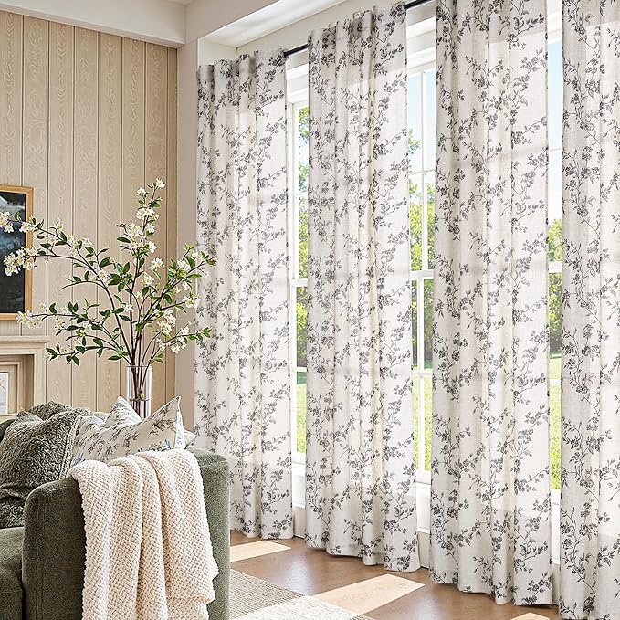 jinchan Linen Floral Curtains 84 Inch Farmhouse Country Flower Drapes Rustic - Image 5