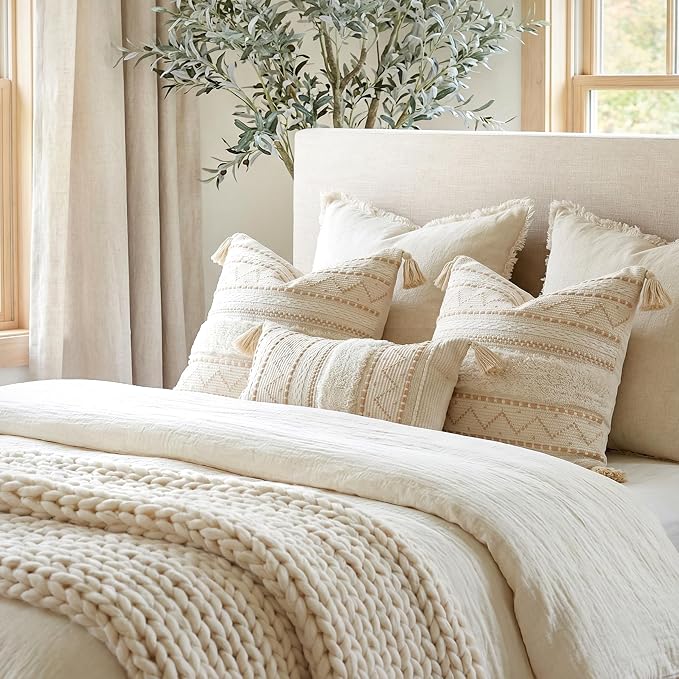 BlissBlush Decorative Throw Pillow Covers 20x20 Combo Set of 2 Square Cream - Image 9