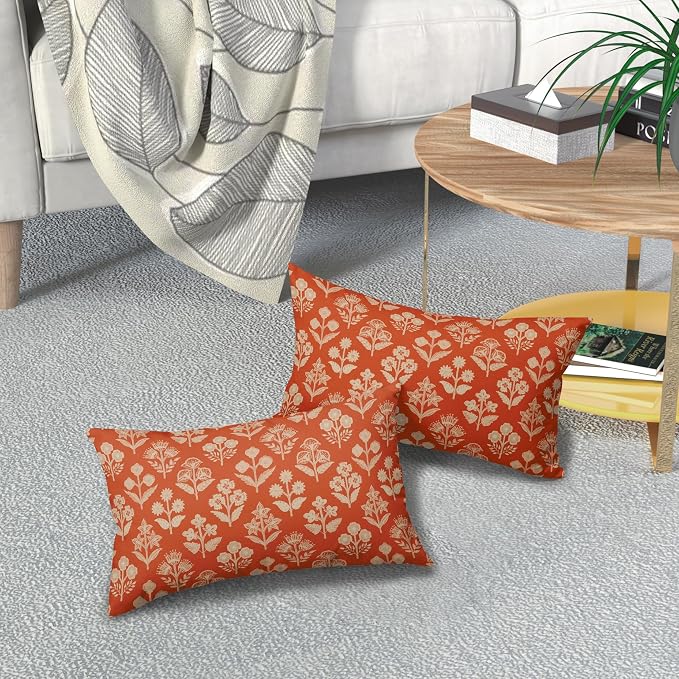 Dark Orange Pillow Covers 12x20 Inch Set of 2, Cream Floral Block Print Pattern - Image 7