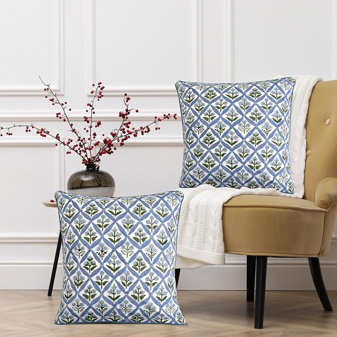 Ridhi Block Print Light Steel Blue Pillow Cover 18" x 18" Decorative Couch - Image 8