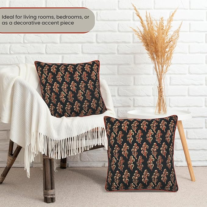 Ridhi Block Print Black Pillow Cover 18" x 18" Decorative Couch Pillows - Image 2
