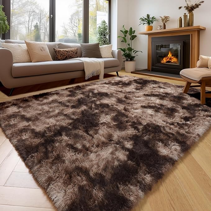 Amdrebio Tie-Dyed Brown Rugs for Bedroom Living Room, 8x10 Large Fluffy Shaggy by Amdrebio