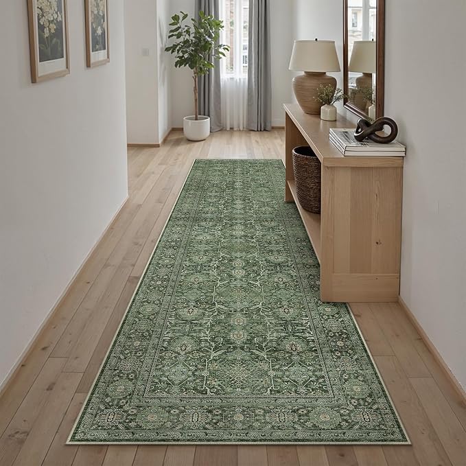 PureCozy Green Runner Rug 2x8 Hallway Washable Carpet Soft Vintage Indoor - Image 5