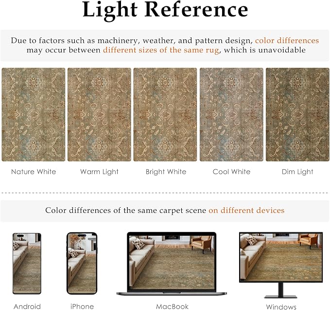 PureCozy Vintage Area Rug 8x10 Washable Brown Living Room Carpet Large Indoor - Image 2