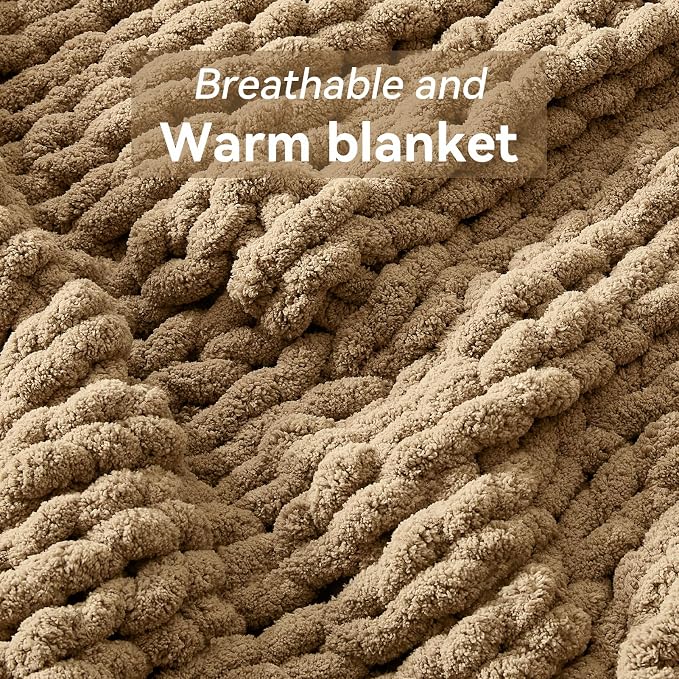 Negwoo Chunky Knit Throw Blanket, Handmade Light Brown Crochet Big Thick Blanket - Image 3