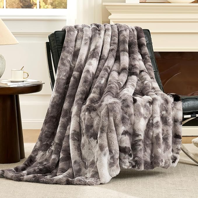 Cozy Bliss Deluxe Striped Rabbit Faux Fur Throw Blanket, Soft Fluffy Warm Plush by CozyBliss