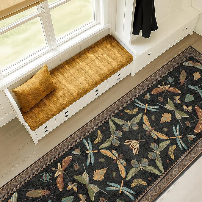 Vintage Insect 2x8 Black Entryway Runner Rug, Washable Non Slip Runners by HazoHaus