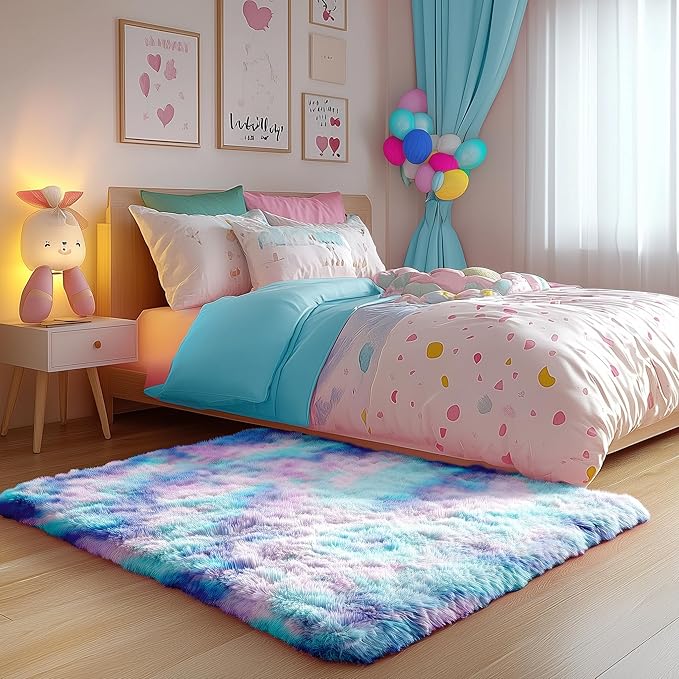 PAGISOFE Cute Furry Pastel Rug for Girls Bedroom, Soft Adorable Rainbow Purple - Image 3