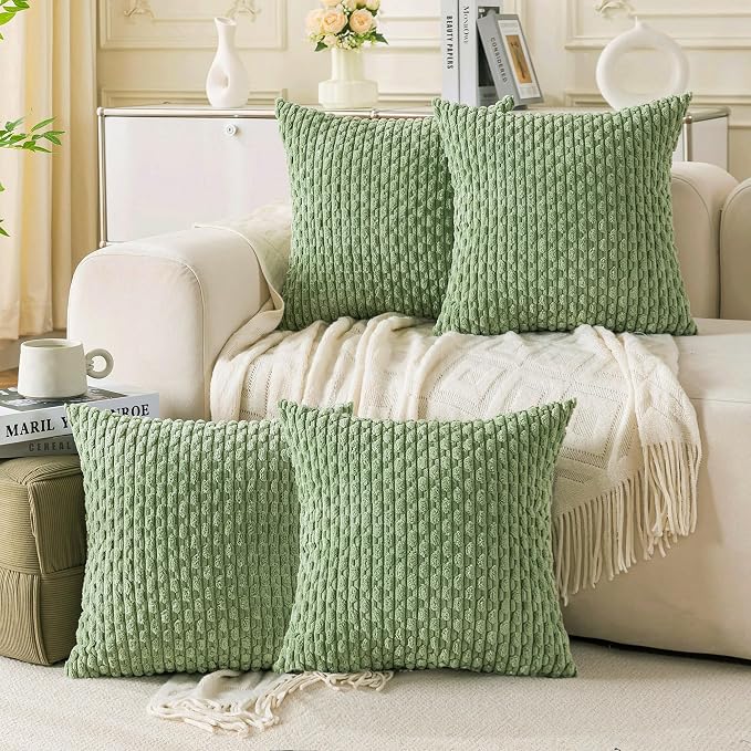 Set of 4 Sage Green Decorative Throw Pillow Covers 18x18 Inch Corduroy Pillow by Cozoomy